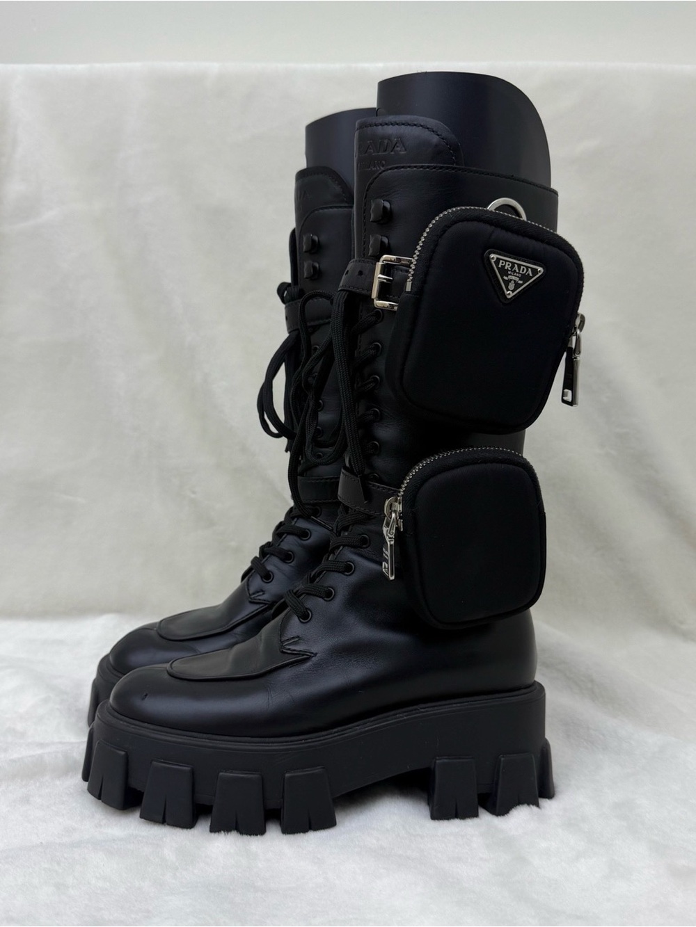 Prada Black Leather Lug-Sole Combat Boots with Removable Pouches